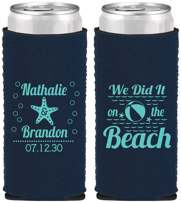 Custom Wedding Neoprene Slim Can Coolers - We Did It On The Beach | 287