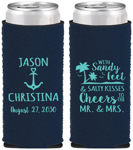 Custom Wedding Neoprene Slim Can Coolers - Sandy Feet Salty Kisses | 290