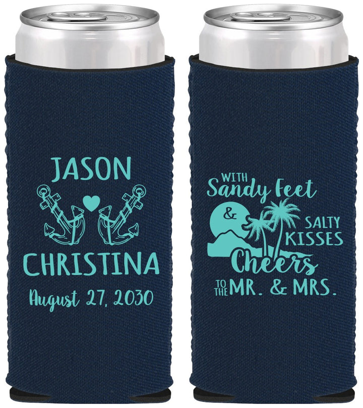 Custom Wedding Neoprene Slim Can Coolers - Sandy Feet Salty Kisses | 291
