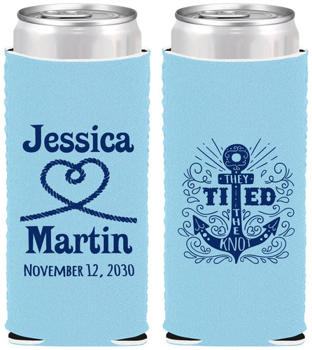 Custom Wedding Neoprene Slim Can Coolers - They Tied The Knot Nautical | 293