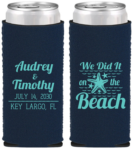 Custom Wedding Neoprene Slim Can Coolers - We Did It On The Beach | 294