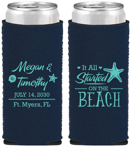 Custom Wedding Neoprene Slim Can Coolers - Started On The Beach | 295