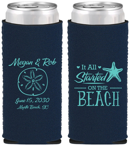 Custom Wedding Neoprene Slim Can Coolers - Started On The Beach | 298