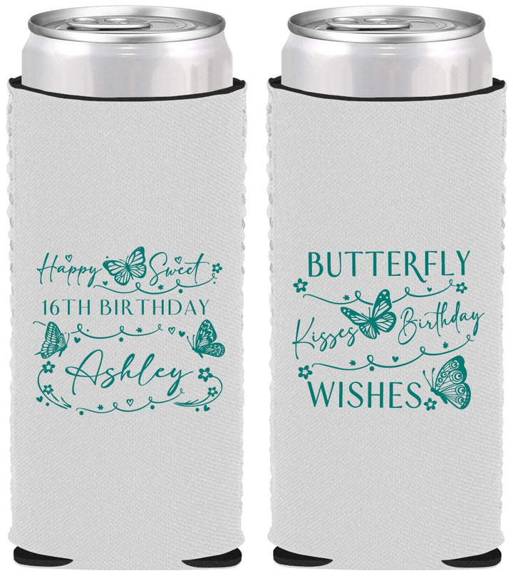 Custom 16th Birthday Neoprene Slim Can Coolers - Butterfly Wishes | 300001