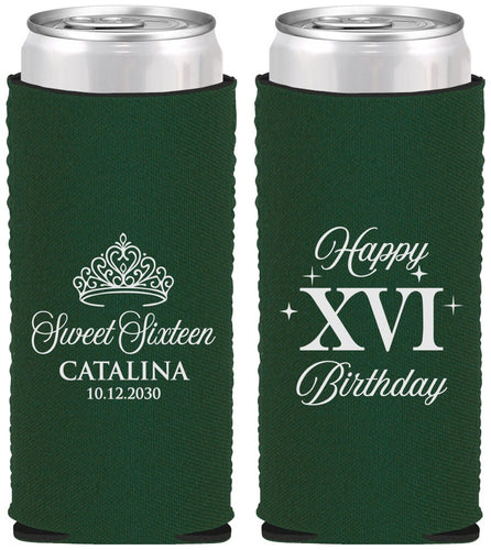 Custom 16th Birthday Neoprene Slim Can Coolers - Tiara | 300002