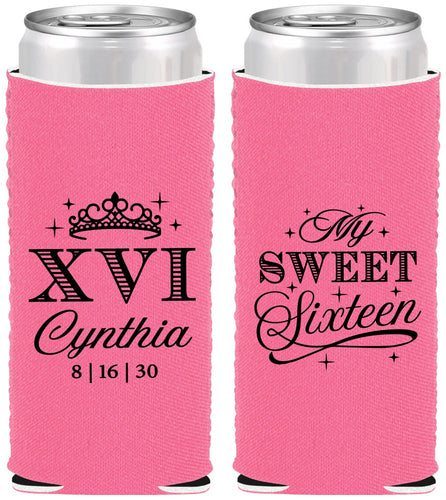 Custom 16th Birthday Neoprene Slim Can Coolers - Tiara | 300003