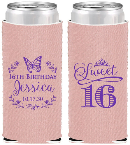 Custom 16th Birthday Neoprene Slim Can Coolers - Butterfly | 300005