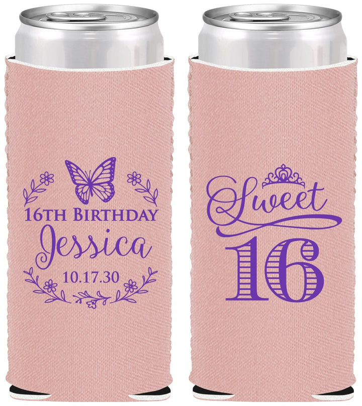 Custom 16th Birthday Neoprene Slim Can Coolers - Butterfly | 300005