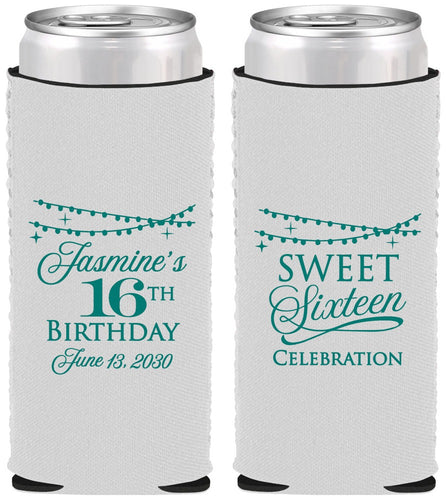 Custom 16th Birthday Neoprene Slim Can Coolers - String Lights | 300009