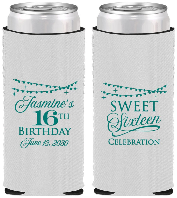 Custom 16th Birthday Neoprene Slim Can Coolers - String Lights | 300009