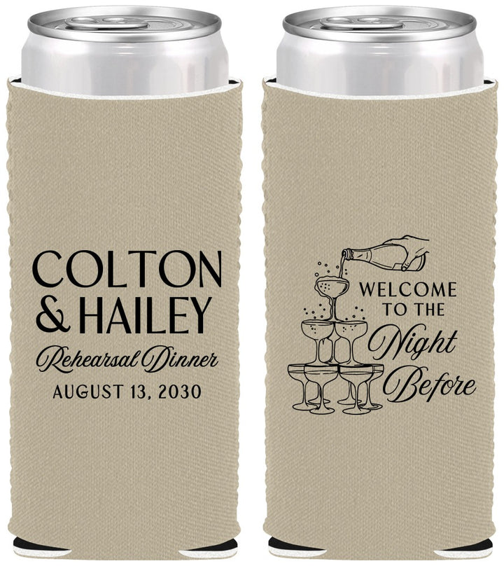 Custom Rehearsal Dinner Neoprene Slim Can Coolers - The Night Before | 30007