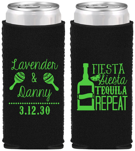 Custom Wedding Neoprene Slim Can Coolers - Fiesta Siesta Tequila Repeat | 306