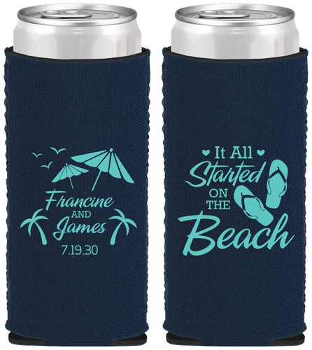 Custom Wedding Neoprene Slim Can Coolers - Started On The Beach | 310