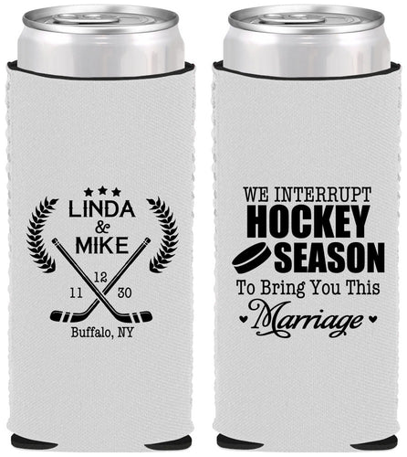 Custom Wedding Neoprene Slim Can Coolers - We Interrupt Hockey | 312