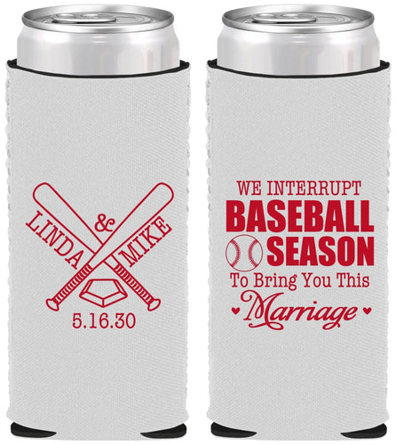 Custom Wedding Neoprene Slim Can Coolers - We Interrupt Baseball | 313