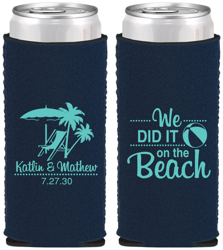 Custom Wedding Neoprene Slim Can Coolers - We Did It On The Beach | 317