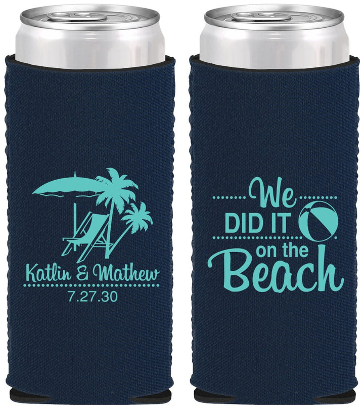 Custom Wedding Neoprene Slim Can Coolers - We Did It On The Beach | 317