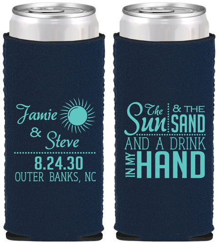 Custom Wedding Neoprene Slim Can Coolers - Sun Sand Drink In My Hand | 319