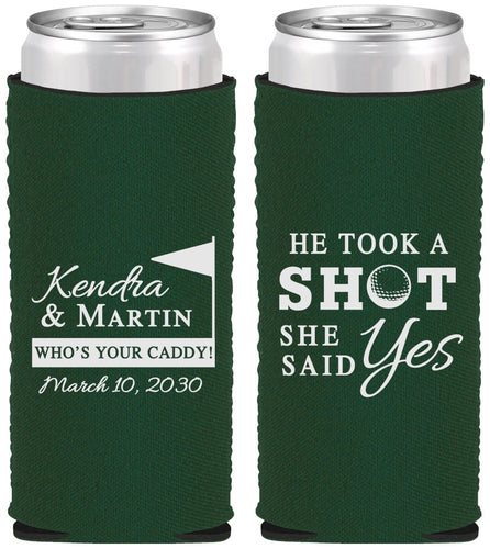 Custom Wedding Neoprene Slim Can Coolers - Took A Shot Golf | 320