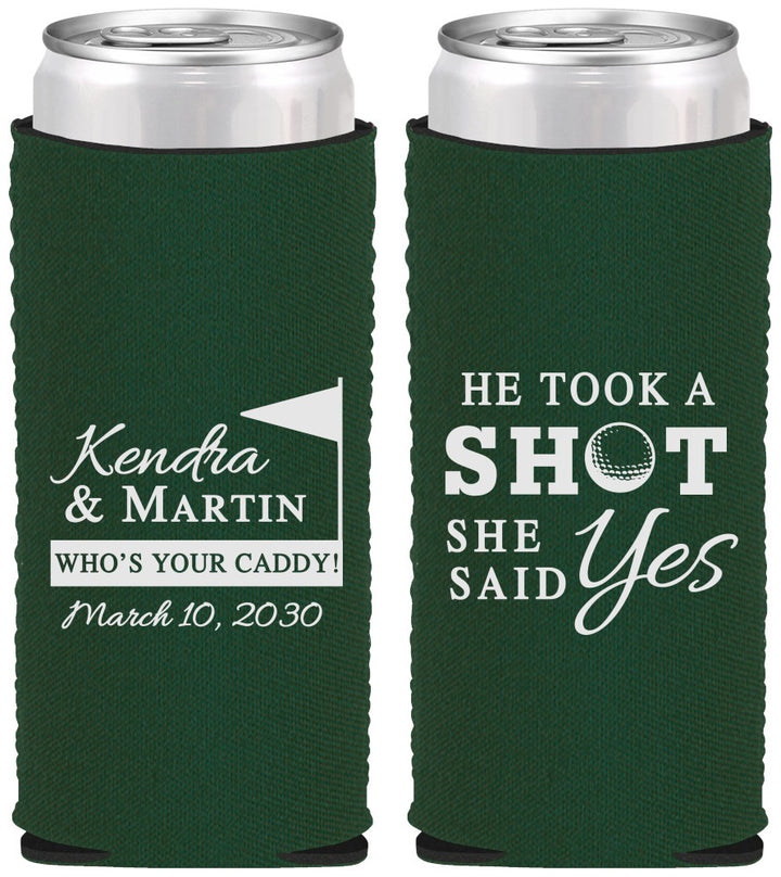 Custom Wedding Neoprene Slim Can Coolers - Took A Shot Golf | 320