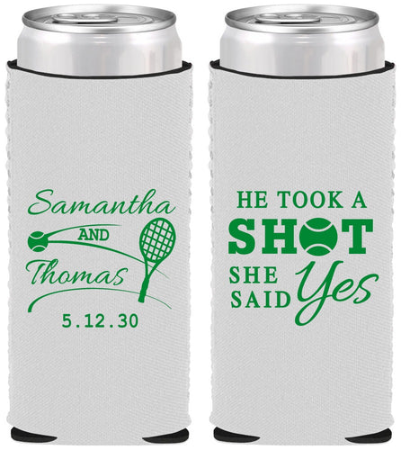 Custom Wedding Neoprene Slim Can Coolers - Took A Shot Tennis | 321