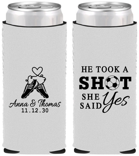 Custom Wedding Neoprene Slim Can Coolers - Took A Shot Soccer | 322