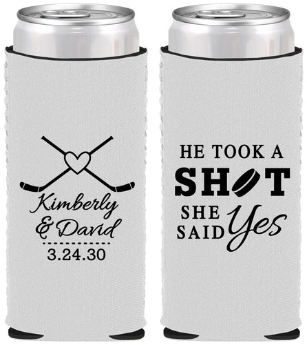 Custom Wedding Neoprene Slim Can Coolers - Took A Shot Hockey | 323