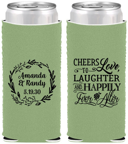 Custom Wedding Neoprene Slim Can Coolers - Love Laughter Happily | 326