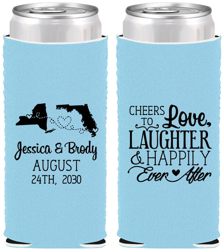 Custom Wedding Neoprene Slim Can Coolers - Love Laughter Happily | 329