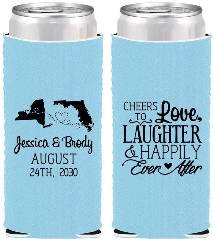 Custom Wedding Neoprene Slim Can Coolers - Love Laughter Happily | 329