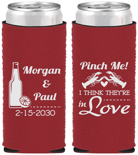 Custom Wedding Neoprene Slim Can Coolers - Crawfish Boil Pinch Me | 337