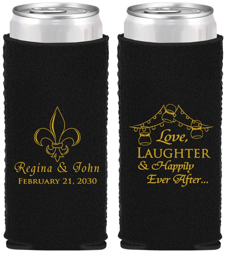 Custom Wedding Neoprene Slim Can Coolers - Love Laughter Happily | 338