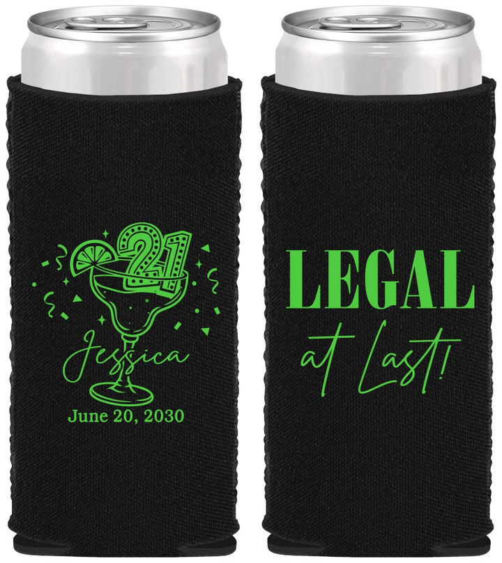 Custom 21st Birthday Neoprene Slim Can Coolers - Legal At Last | 340005