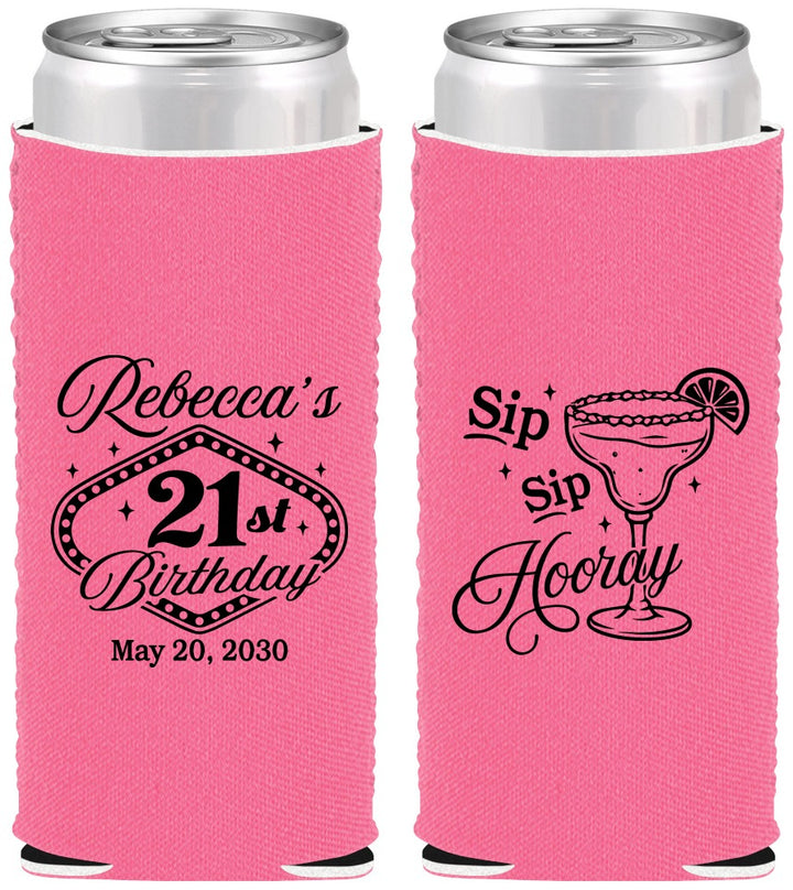 Custom 21st Birthday Neoprene Slim Can Coolers - Sip Sip Hooray Vegas | 340006