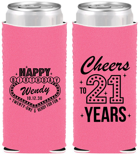 Custom 21st Birthday Neoprene Slim Can Coolers - Vegas | 340007