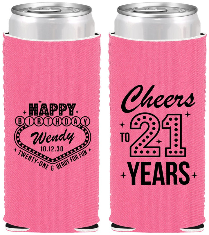 Custom 21st Birthday Neoprene Slim Can Coolers - Vegas | 340007