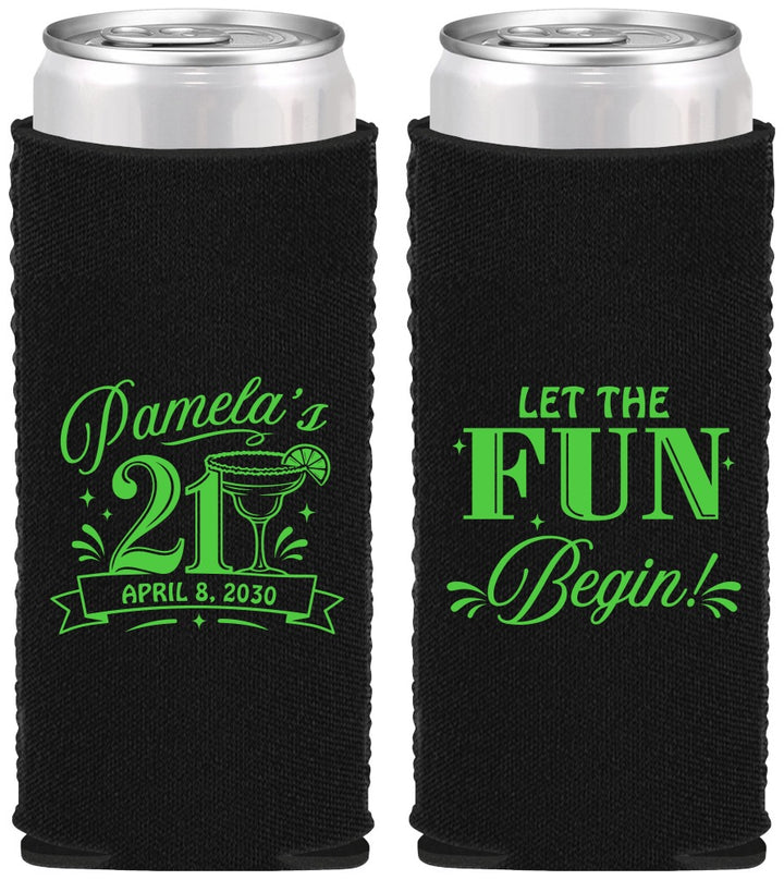 Custom 21st Birthday Neoprene Slim Can Coolers - Let The Fun Begin | 340009