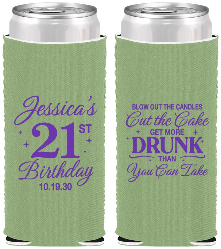 Custom 21st Birthday Neoprene Slim Can Coolers - Candles Cake Drunk | 340010