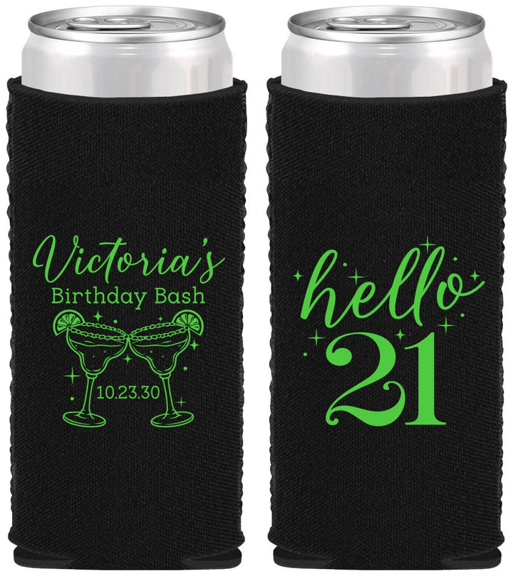 Custom 21st Birthday Neoprene Slim Can Coolers - Hello Twenty One | 340011