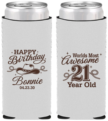 Custom 21st Birthday Neoprene Slim Can Coolers - Cowgirl | 340013