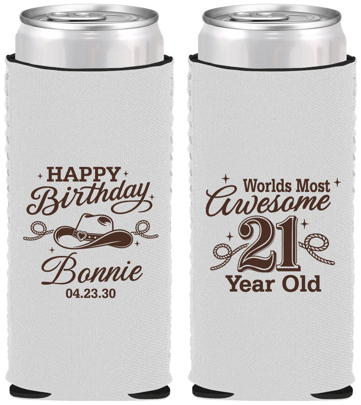 Custom 21st Birthday Neoprene Slim Can Coolers - Cowgirl | 340013