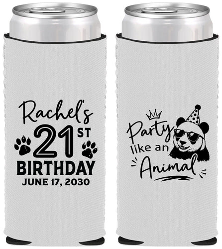 Custom 21st Birthday Neoprene Slim Can Coolers - Party Like An Animal Panda | 340021