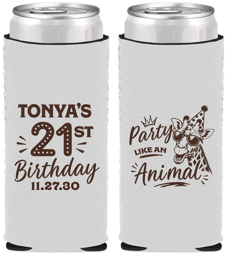 Custom 21st Birthday Neoprene Slim Can Coolers - Party Like An Animal Giraffe | 340022