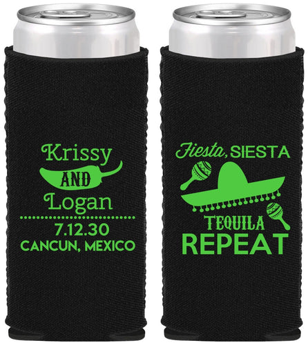 Custom Wedding Neoprene Slim Can Coolers - Fiesta Siesta Tequila Repeat | 344