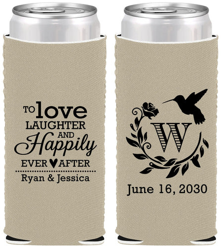 Custom Wedding Neoprene Slim Can Coolers - Love Laughter Happily | 345