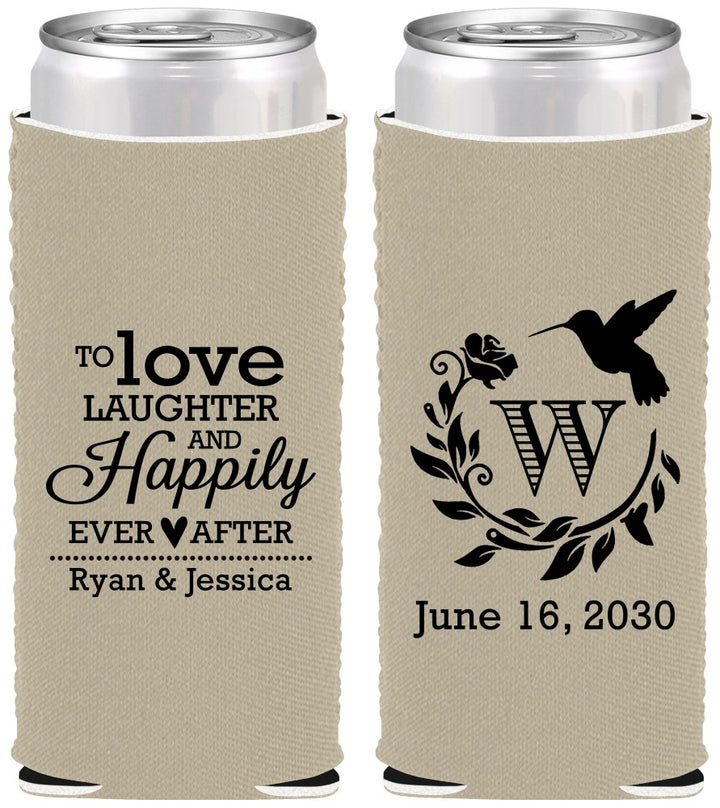 Custom Wedding Neoprene Slim Can Coolers - Love Laughter Happily | 345