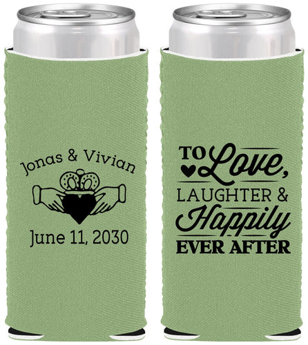 Custom Wedding Neoprene Slim Can Coolers - Love Laughter Happily | 346