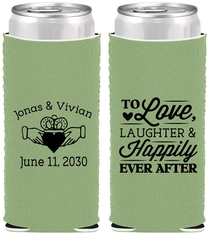 Custom Wedding Neoprene Slim Can Coolers - Love Laughter Happily | 346