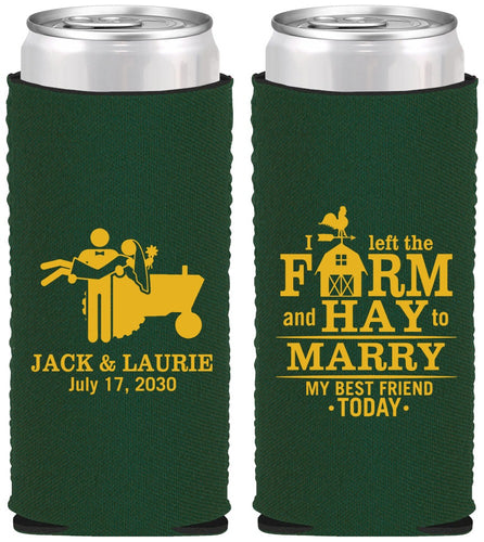 Custom Wedding Neoprene Slim Can Coolers - Left The Farm Tractor | 347