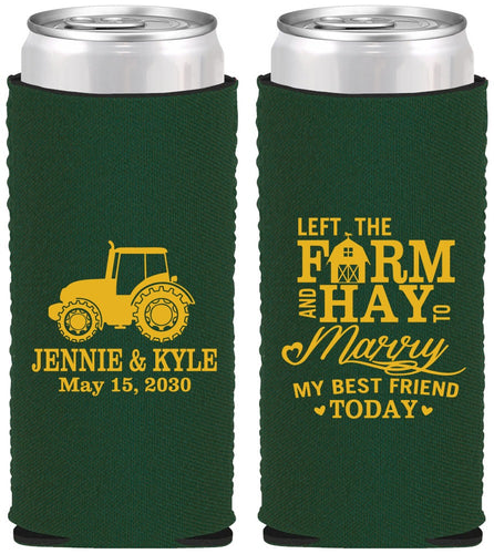Custom Wedding Neoprene Slim Can Coolers - Left The Farm Tractor | 351